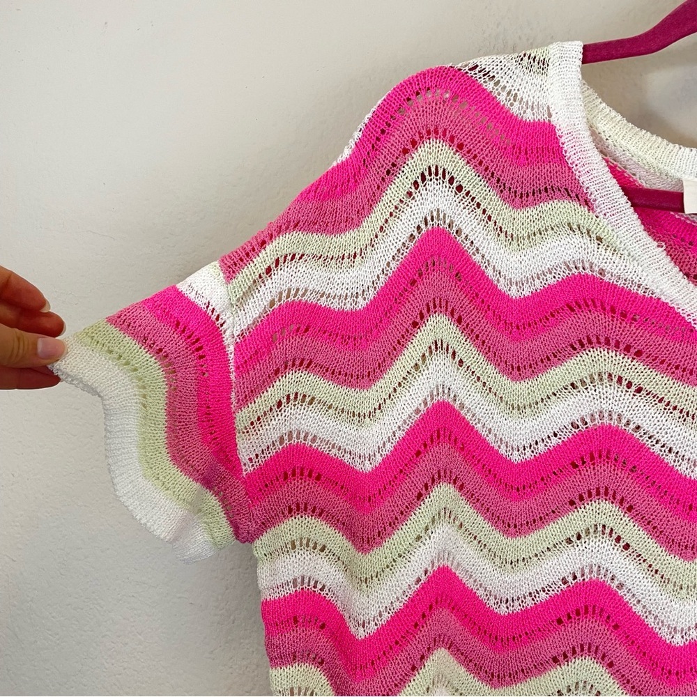 BiBi Pink Pointelle Slouchy Beachy Short Sleeve Knit Top Size Small - Picture 4 of 7